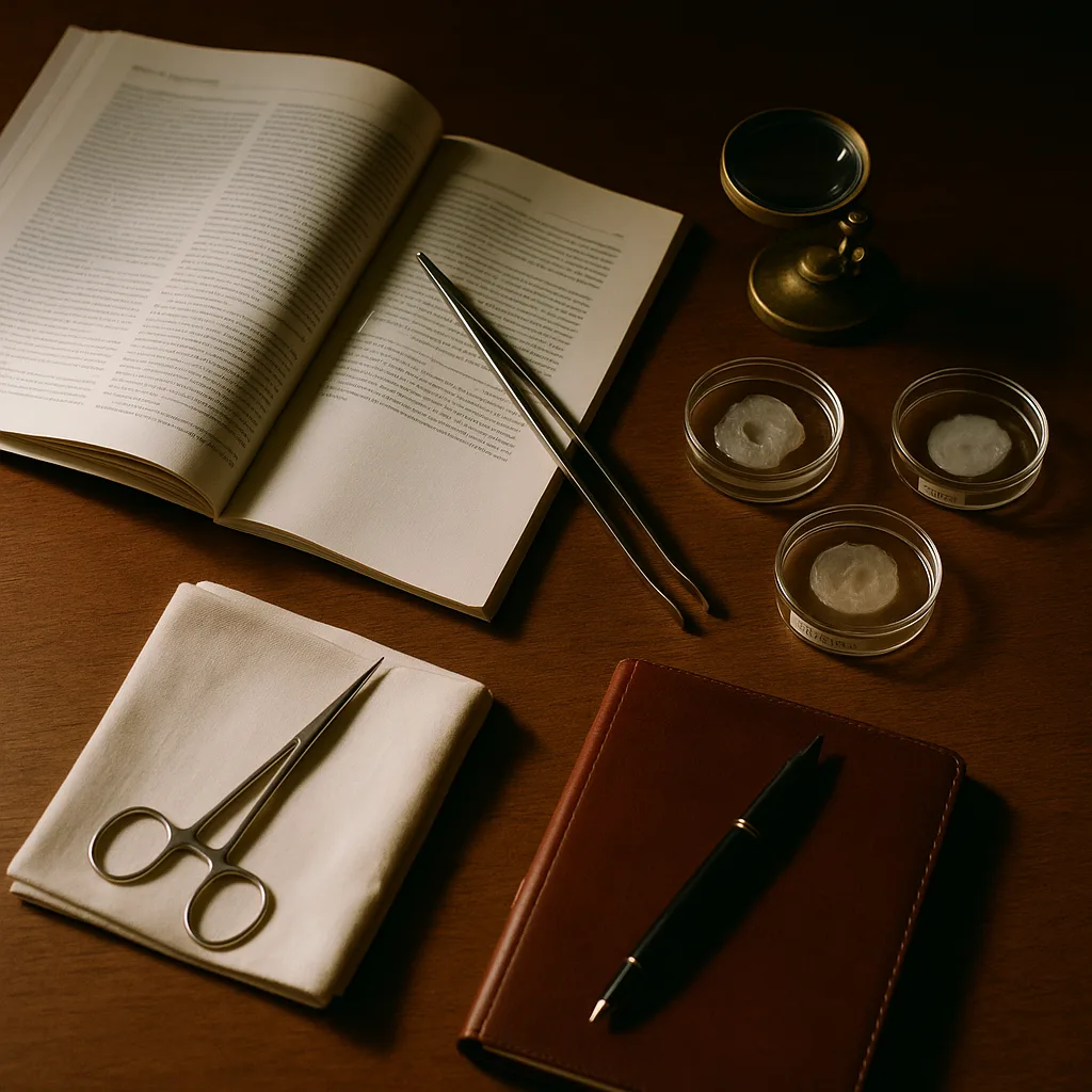 Editorial workspace with medical journals and biomaterial specimens